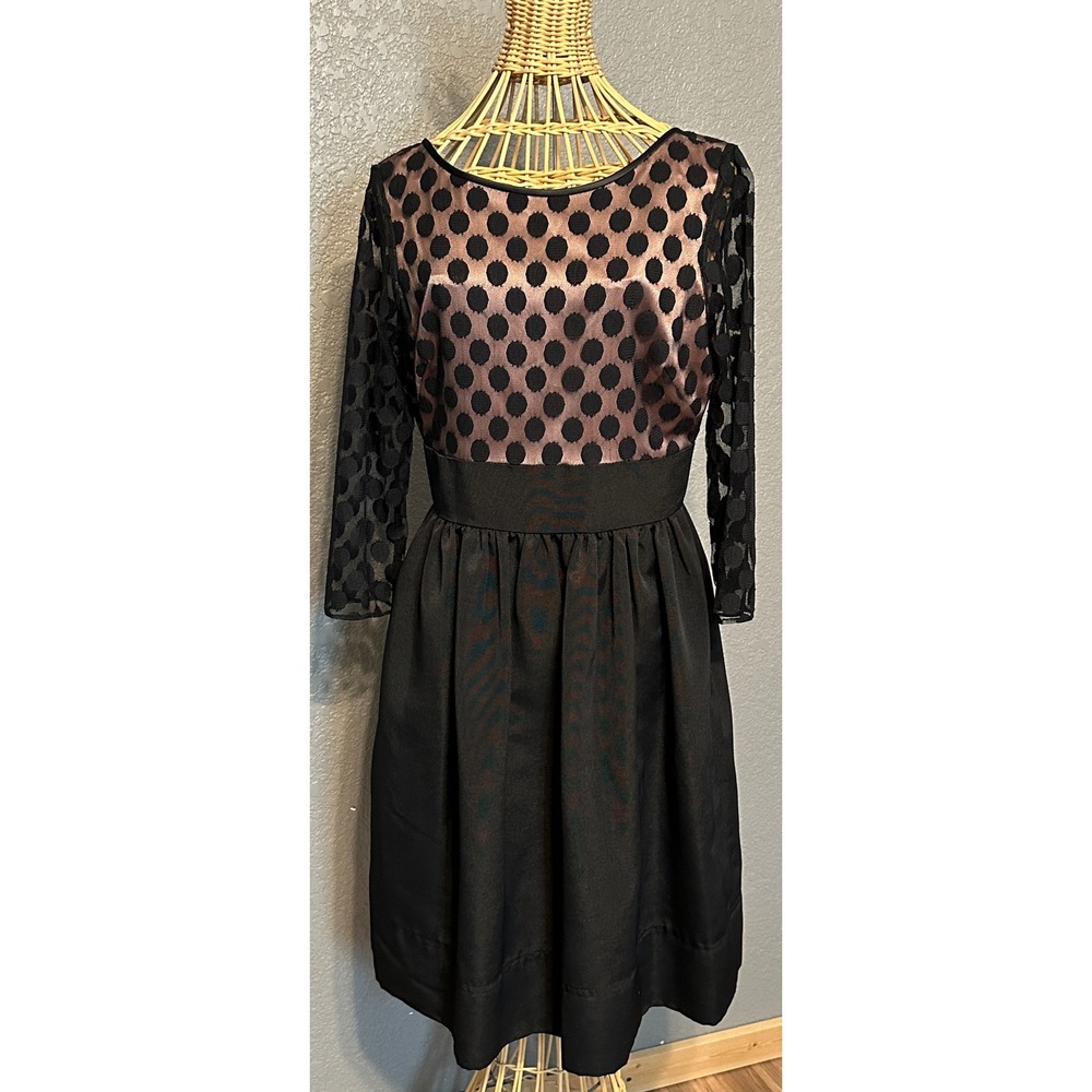 Eliza J Black Rose Gold Polka Dot Mesh Fit Flare Cocktail Dress 3/4 Sleeve Sz 6